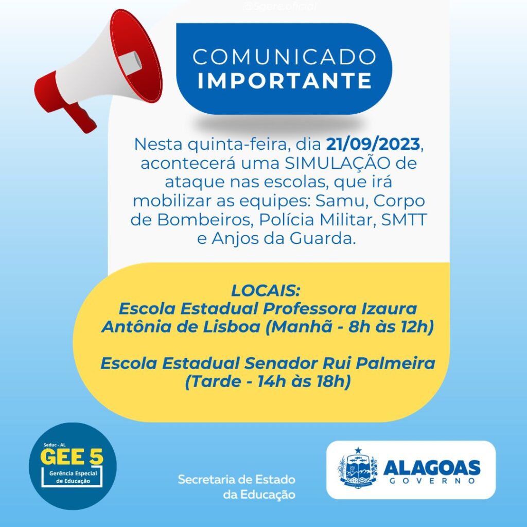 Arapiraca terá simulação de ataque a duas escolas nesta quinta-feira (21)