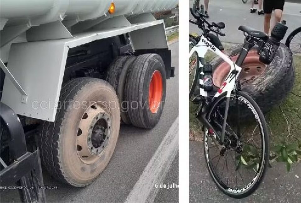 Roda de caminhão se solta e atinge dois ciclistas, em SP; uma vítima vai a óbito