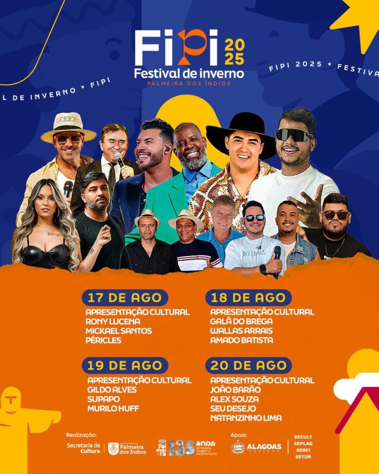 FIPI 2025: Festival de Inverno de Palmeira dos Índios anuncia programação com grandes nomes da música nacional