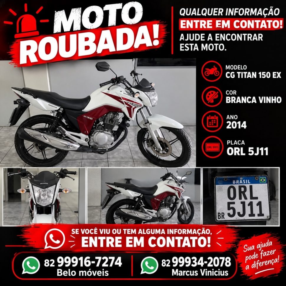Motocicleta Honda CG Titan é roubada no bairro Boa Vista, em Arapiraca