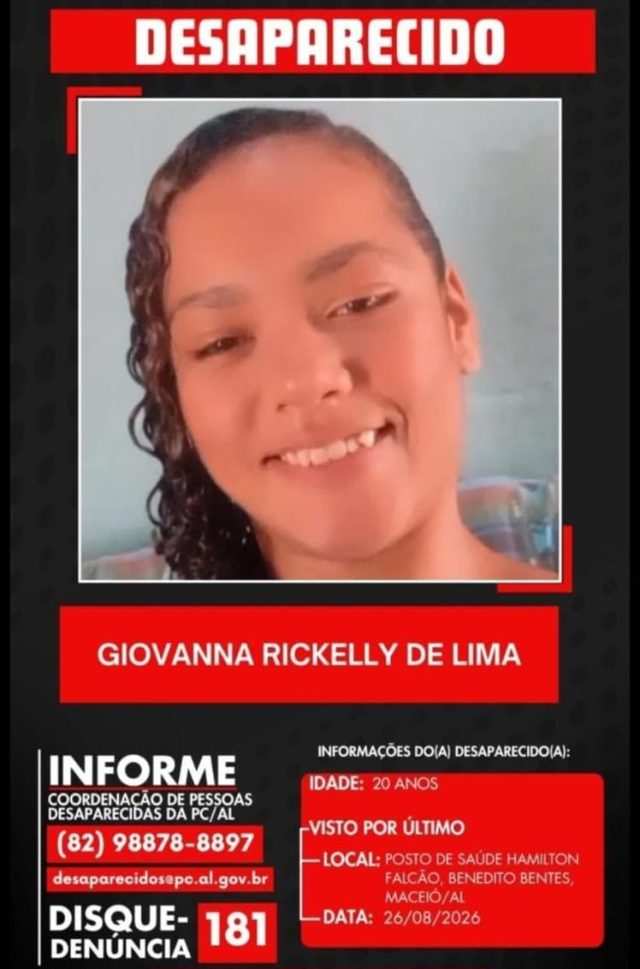 Polícia busca Giovanna Rickelly de Lima, de 20 anos, desaparecida em Maceió