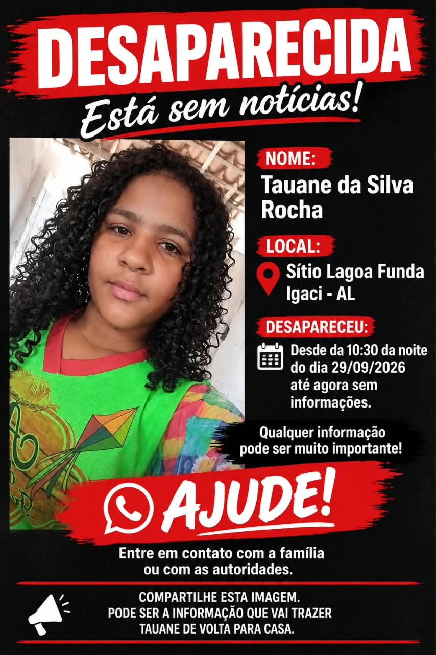 Adolescente de 14 anos está desaparecida desde 29 de setembro em Igaci